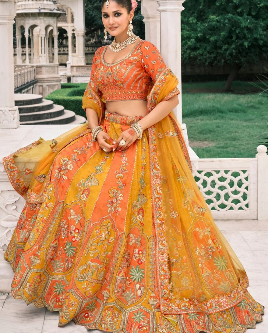 Orange - Pumpkin Orange & Yellow Fancy Silk Lehenga Choli With Cut Work Embroidery Border & Stone Work